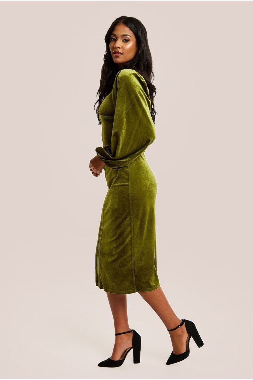 Corset Detail Green Velvet Midi Dress D21-LIQ23AW067G