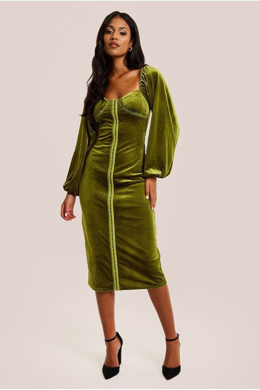 Corset Detail Green Velvet Midi Dress D21-LIQ23AW067G