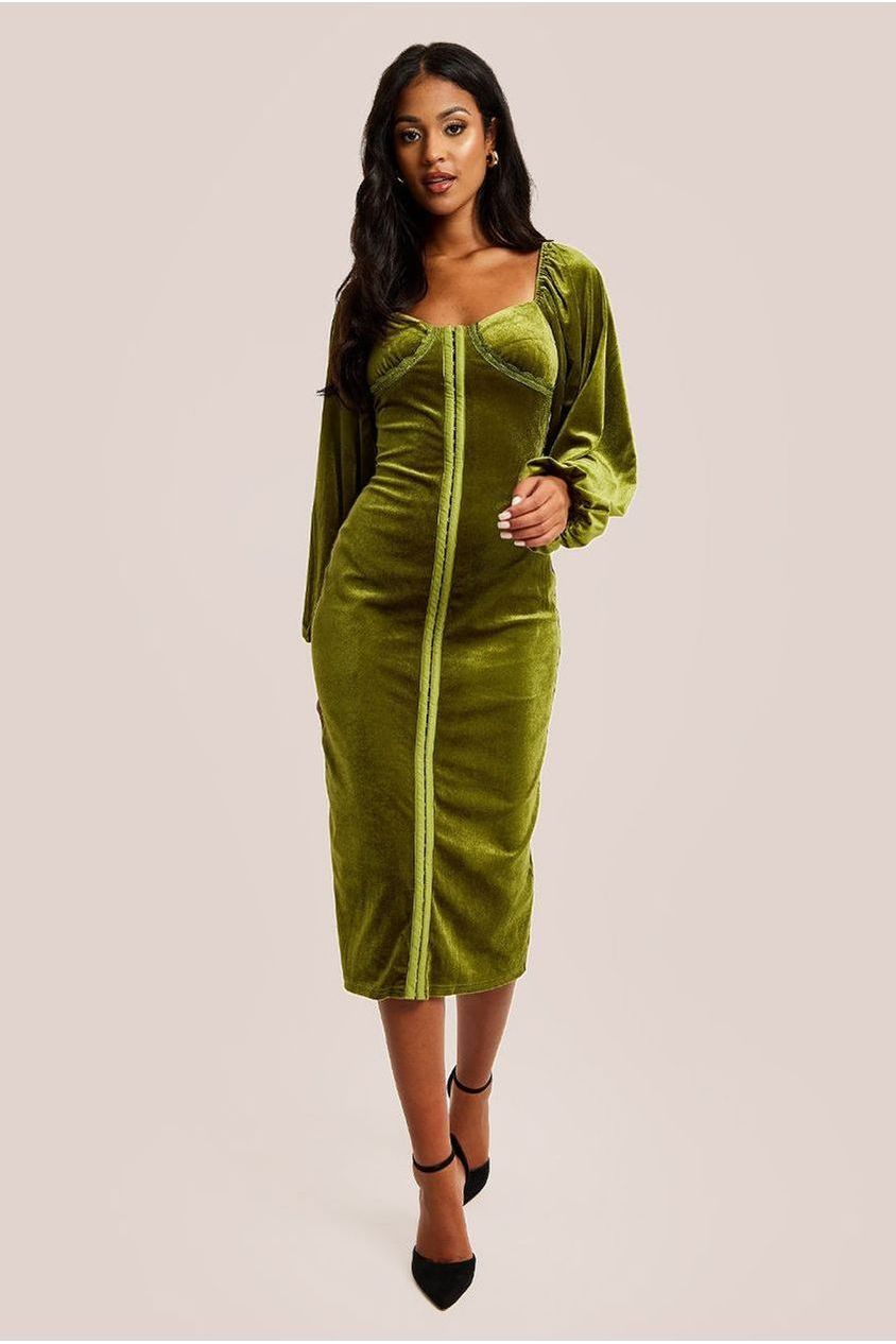Corset Detail Green Velvet Midi Dress D21-LIQ23AW067G