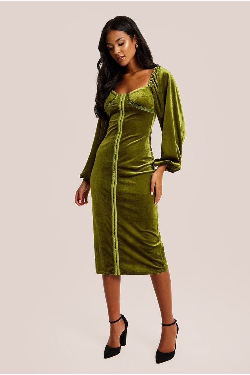 Corset Detail Green Velvet Midi Dress D21-LIQ23AW067G