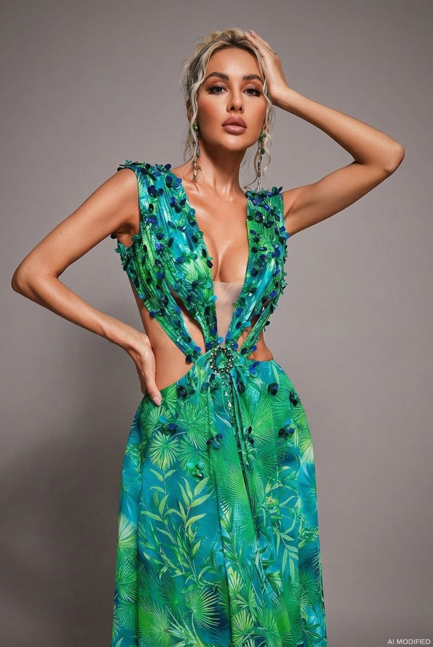 Yoland Printed Embellished Maxi Dress D230400239