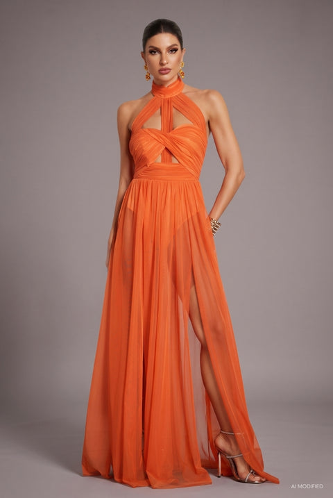 Rivka Halterneck Twist Mesh Maxi Dress by Bella Barnett