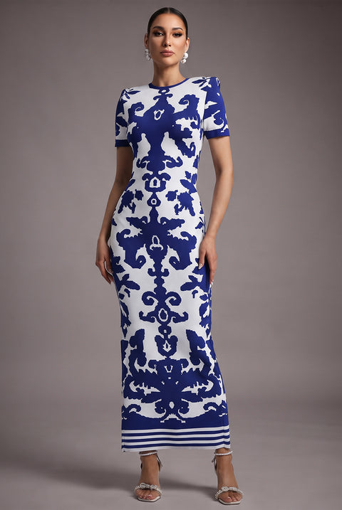 Lerae Round Neck Short Sleeve Jacquard Bandage Maxi Dress by Bella Barnett