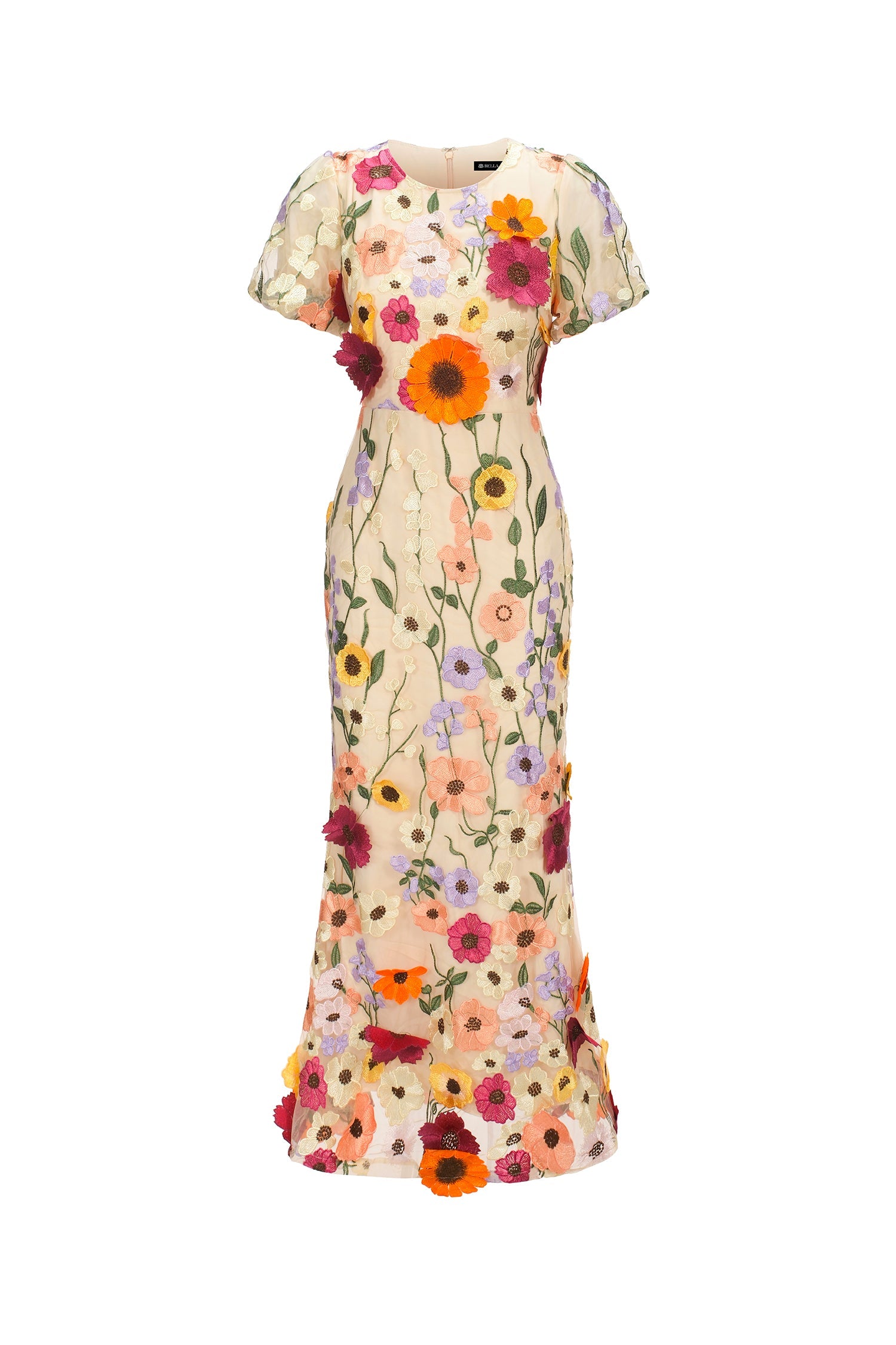Naya Short Sleeve Round Neck Flowers Fishtail Midi Dress D250201657-FLORAL