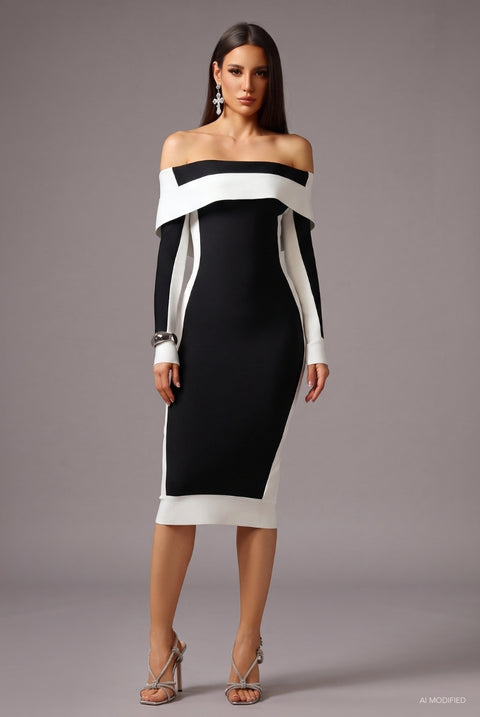 Mattey Off-The-Shoulder Long Sleeves Stripes Bandage Midi Dress by Bella Barnett