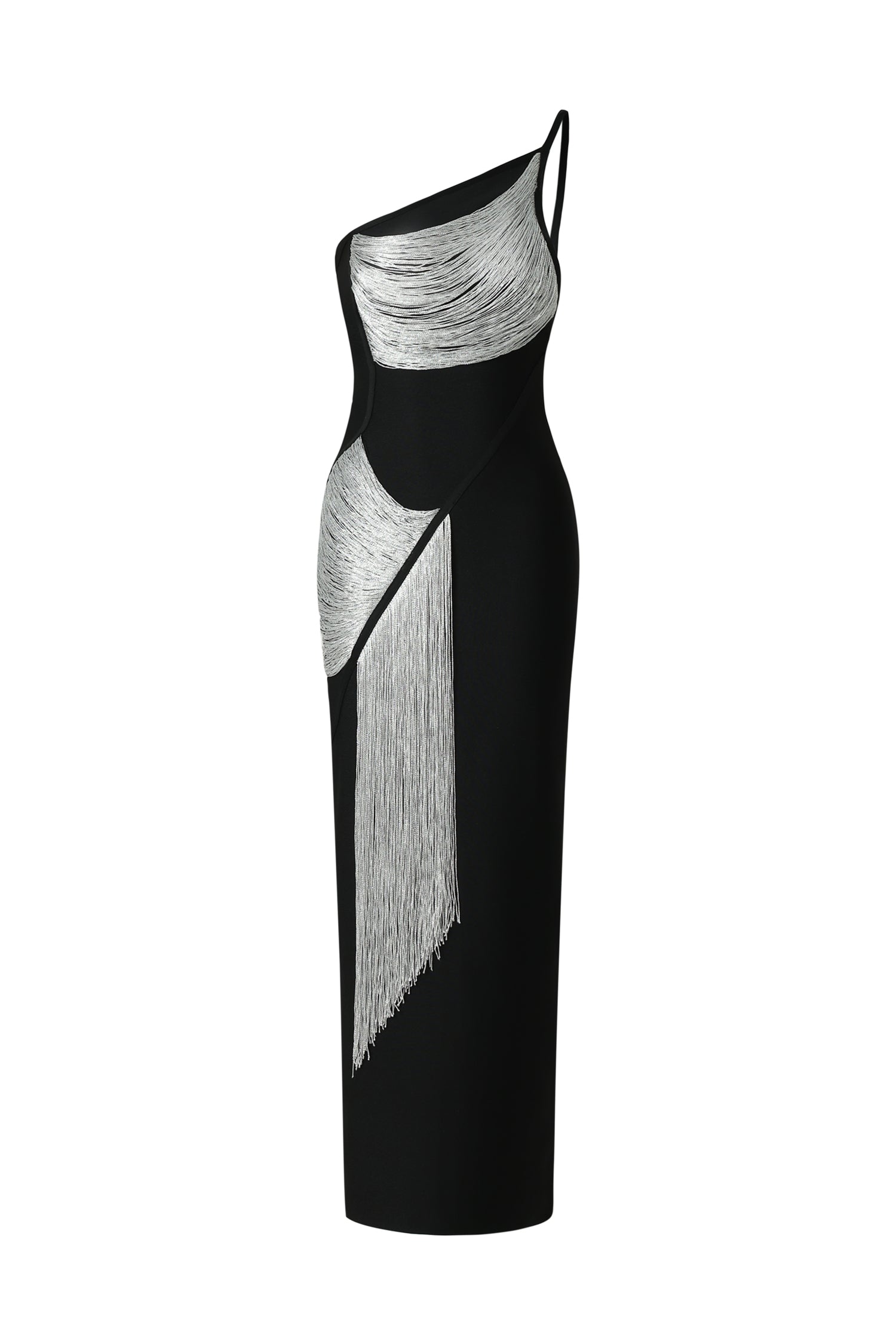 Roanna One Shoulder Sleeveless Tassels Bandage Maxi Dress D250701239-BLACK