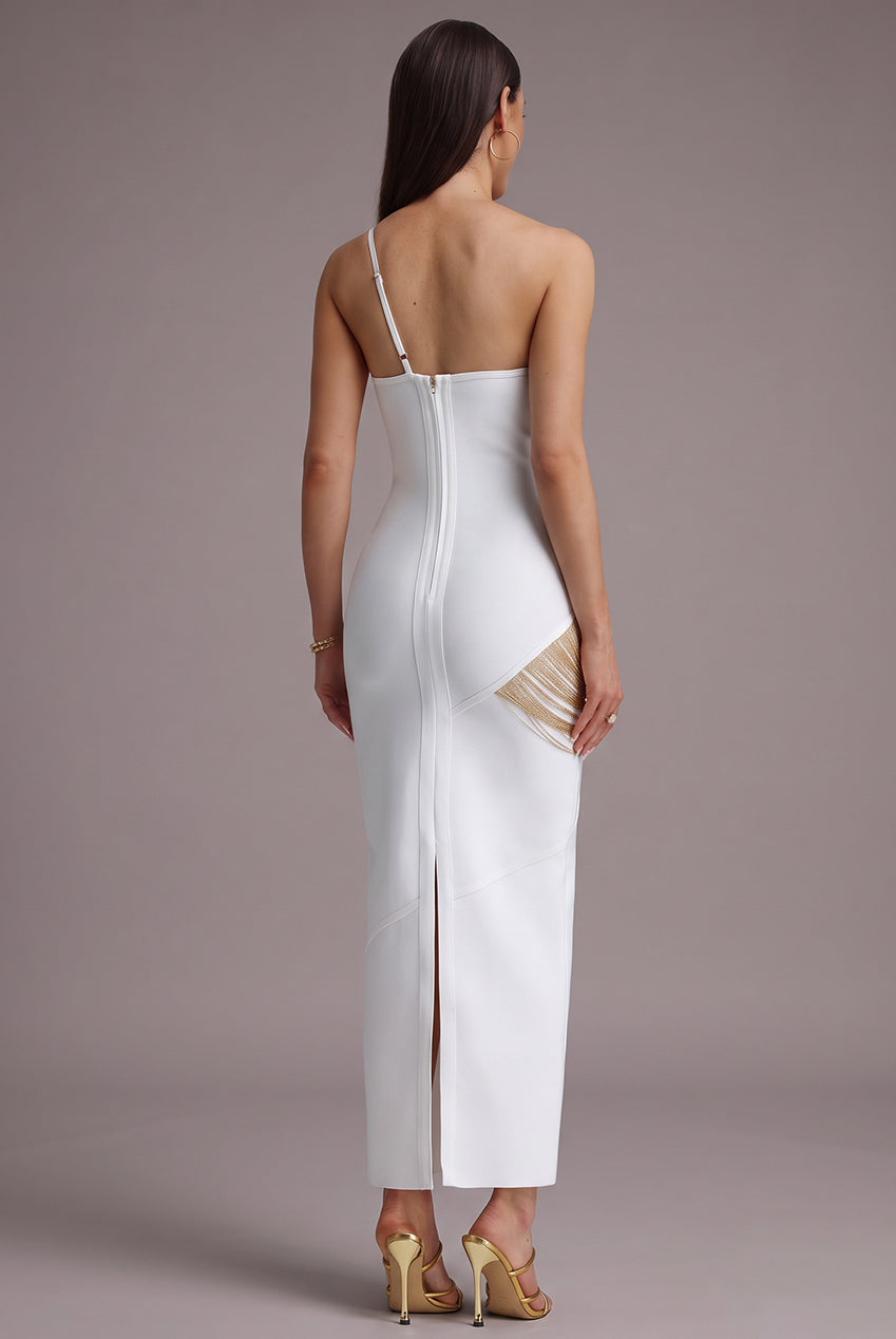 Roanna One Shoulder Sleeveless Golden Tassels Bandage White Maxi Dress D250701239