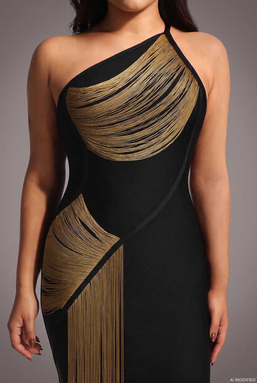 Roanna One Shoulder Sleeveless Golden Tassels Bandage Maxi Dress D250701239