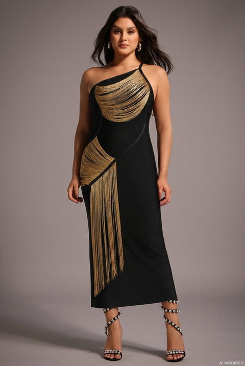 Roanna One Shoulder Sleeveless Golden Tassels Bandage Maxi Dress by Bella Barnett