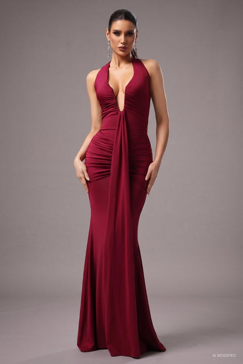Elsie Halter Sleeveless V-Neck Wrinkles Maxi Dress by Bella Barnett