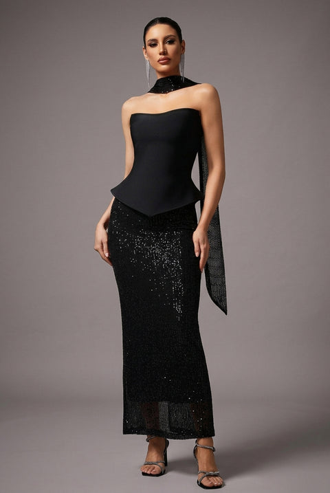 Kale Sleeveless Ribbon Sequins Bandage Maxi Two-Piece Set by Bella Barnett