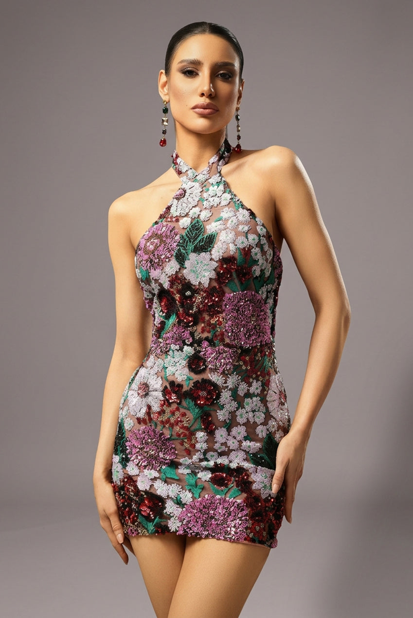 Polasa Halter Sleeveless Sequins Flower Mini Dress D250801342
