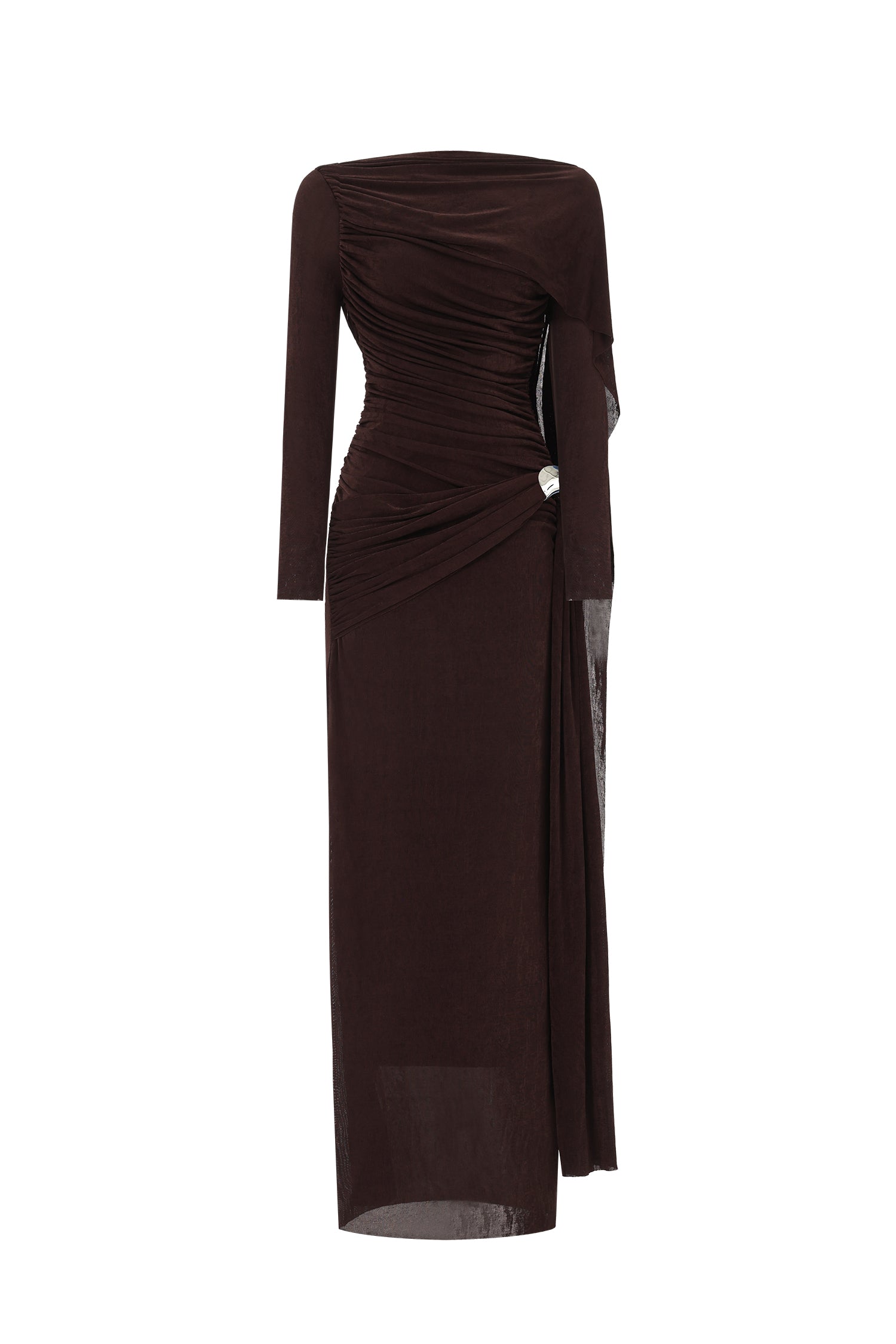 Tihila Long Sleeve Ruched Brown Maxi Dress D250901545