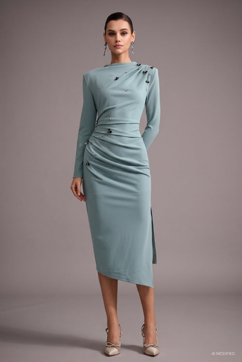 Nina Elegant Cinched Waist Long Sleeve Sequin Floral Pleated Knit Midi Dress C251000095