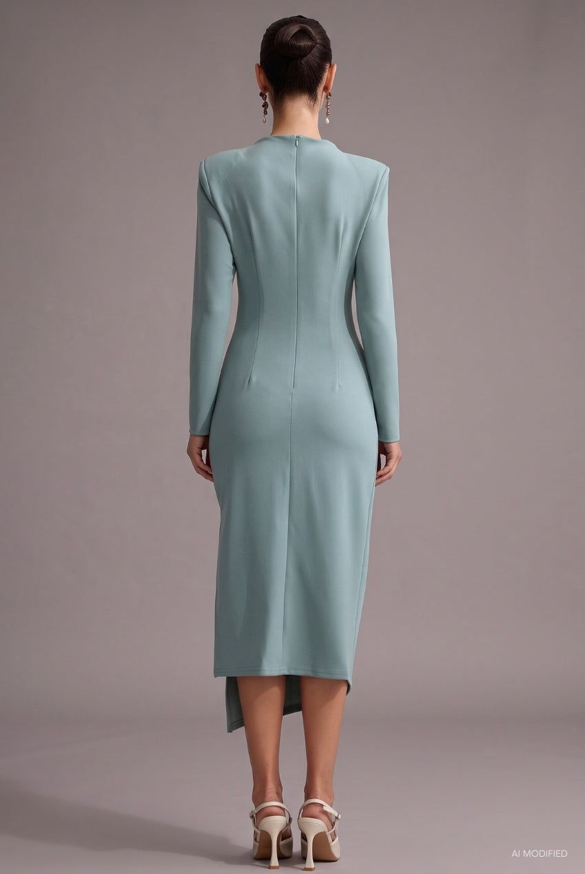 Nina Elegant Cinched Waist Long Sleeve Sequin Floral Pleated Knit Midi Dress C251000095