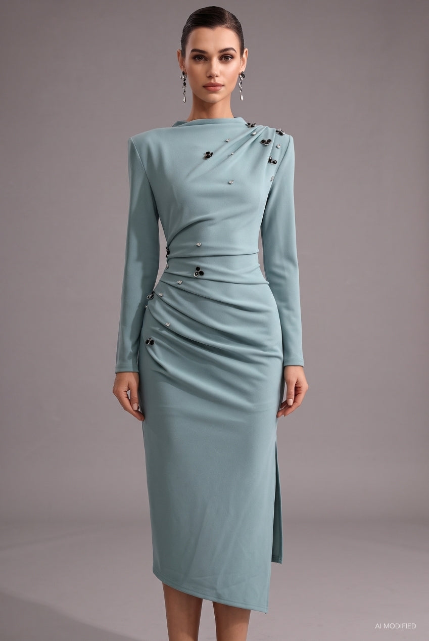 Nina Elegant Cinched Waist Long Sleeve Sequin Floral Pleated Knit Midi Dress C251000095