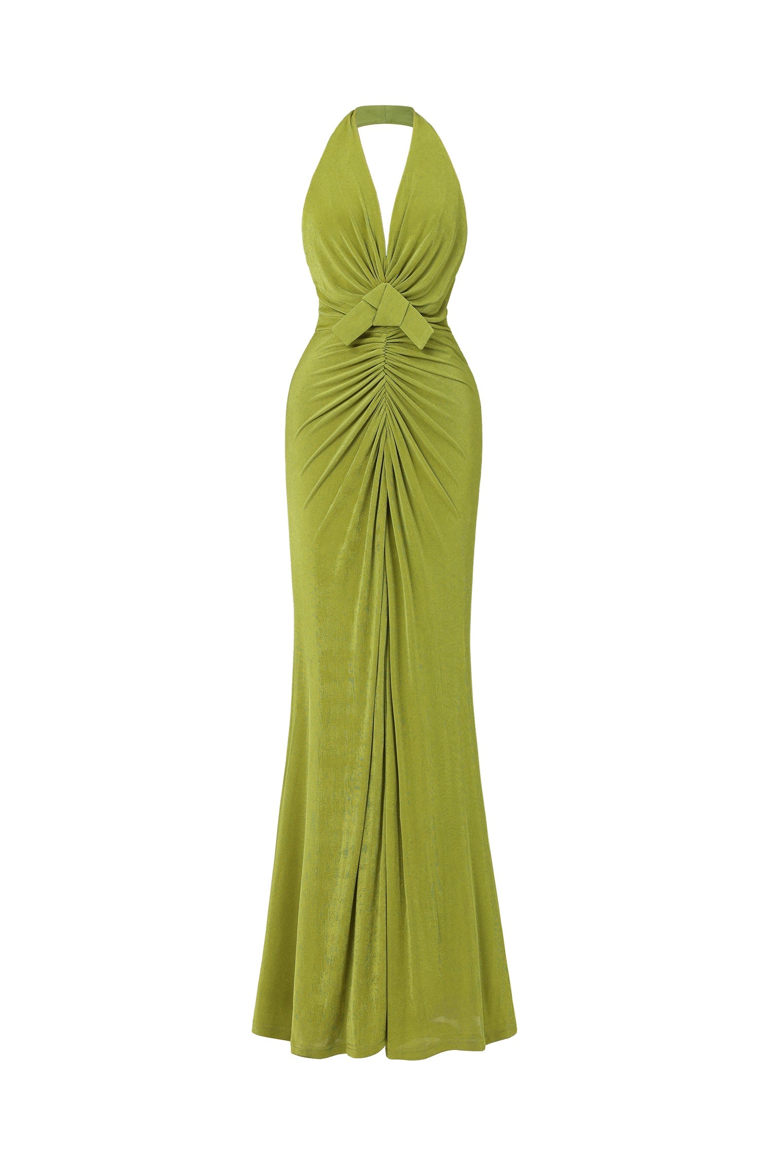 Jalila Sexy Contour V Neck Ruched Knot Slit Knit Maxi Dress D250904202
