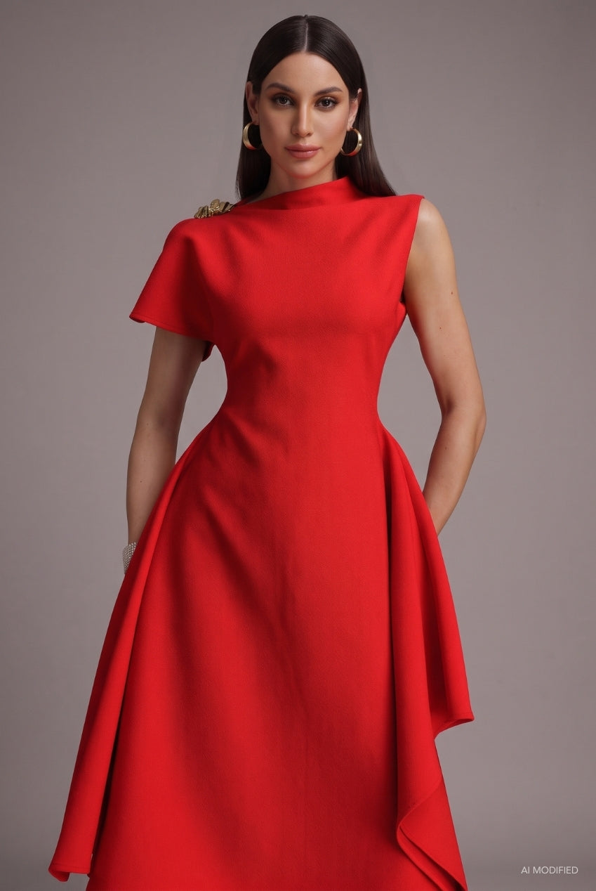 Weren Elegant Contour High Neck Asymmetric Red Maxi Dress D251201536