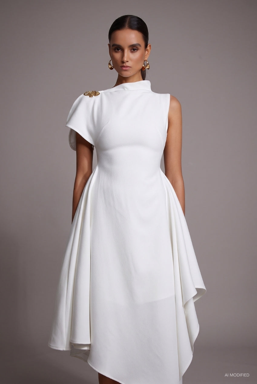 Weren Elegant Contour High Neck Asymmetric Maxi Dress D251201536