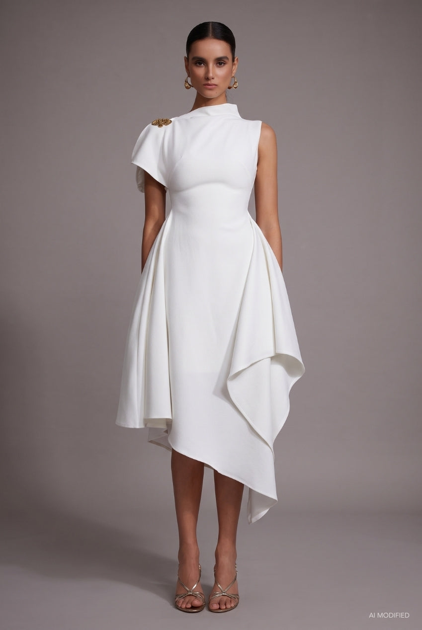 Weren Elegant Contour High Neck Asymmetric Maxi Dress D251201536