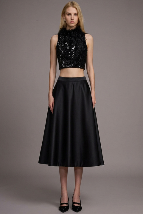 Chic Contonur Sleeveless Feather Sequin Velvet Top And Satin Skirt Set by Bella Barnett