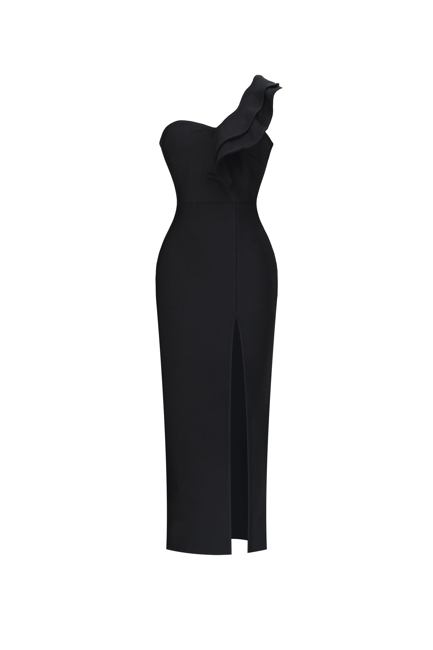 Winnie Minimal Contour One Shoulder Ruffle High Slit Bandage Midi Dress D260601345