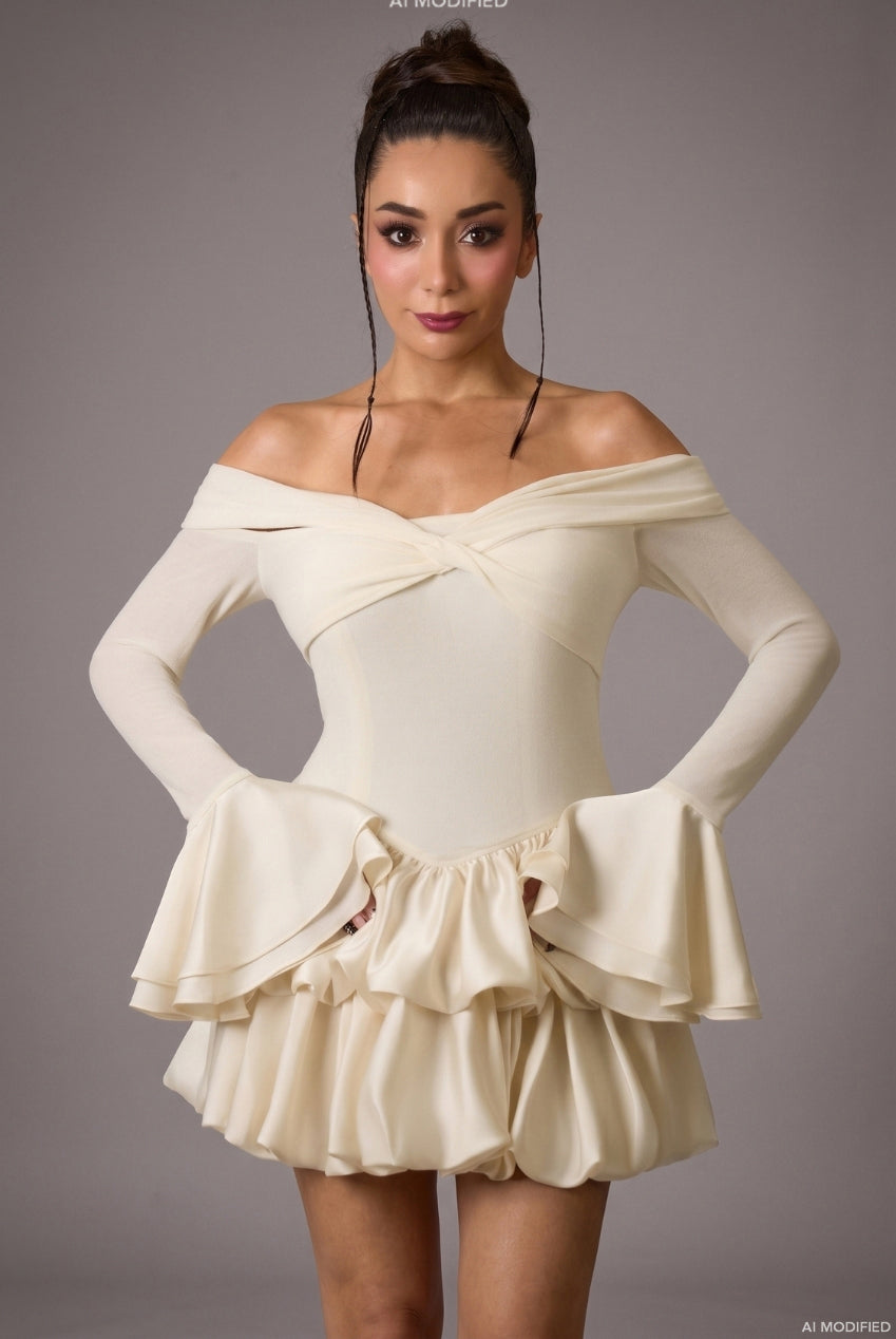 Jozie Elegant Contour Off Shoulder Long Sleeve Knot Ruffle Satin Knit Mini Dress D260705301