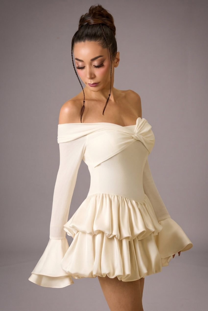 Jozie Elegant Contour Off Shoulder Long Sleeve Knot Ruffle Satin Knit Mini Dress D260705301