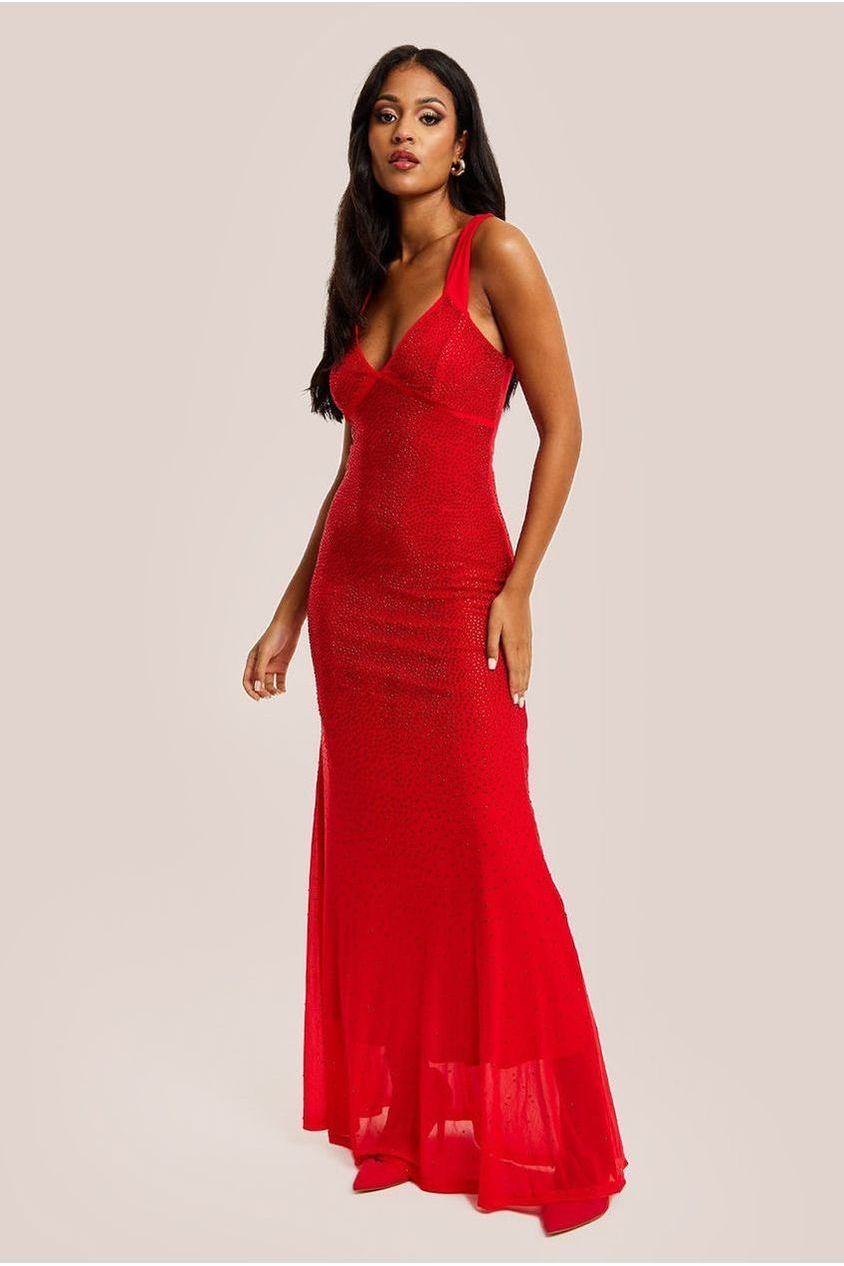 Red Sequin Maxi Dress With Open Back Detail D9-LIQ23AW001