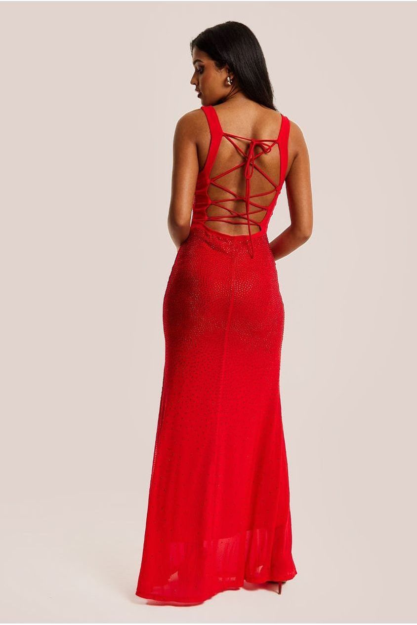 Red Sequin Maxi Dress With Open Back Detail D9-LIQ23AW001