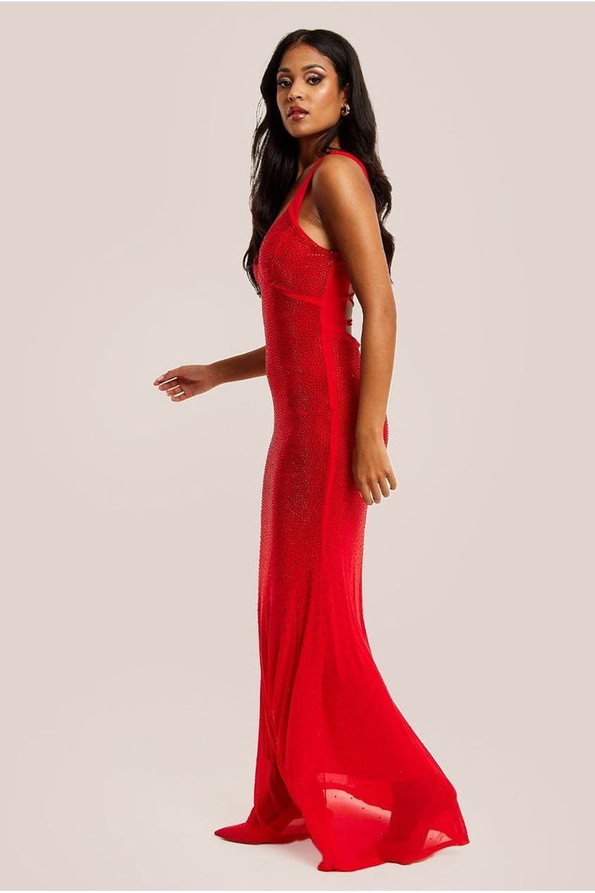 Red Sequin Maxi Dress With Open Back Detail D9-LIQ23AW001