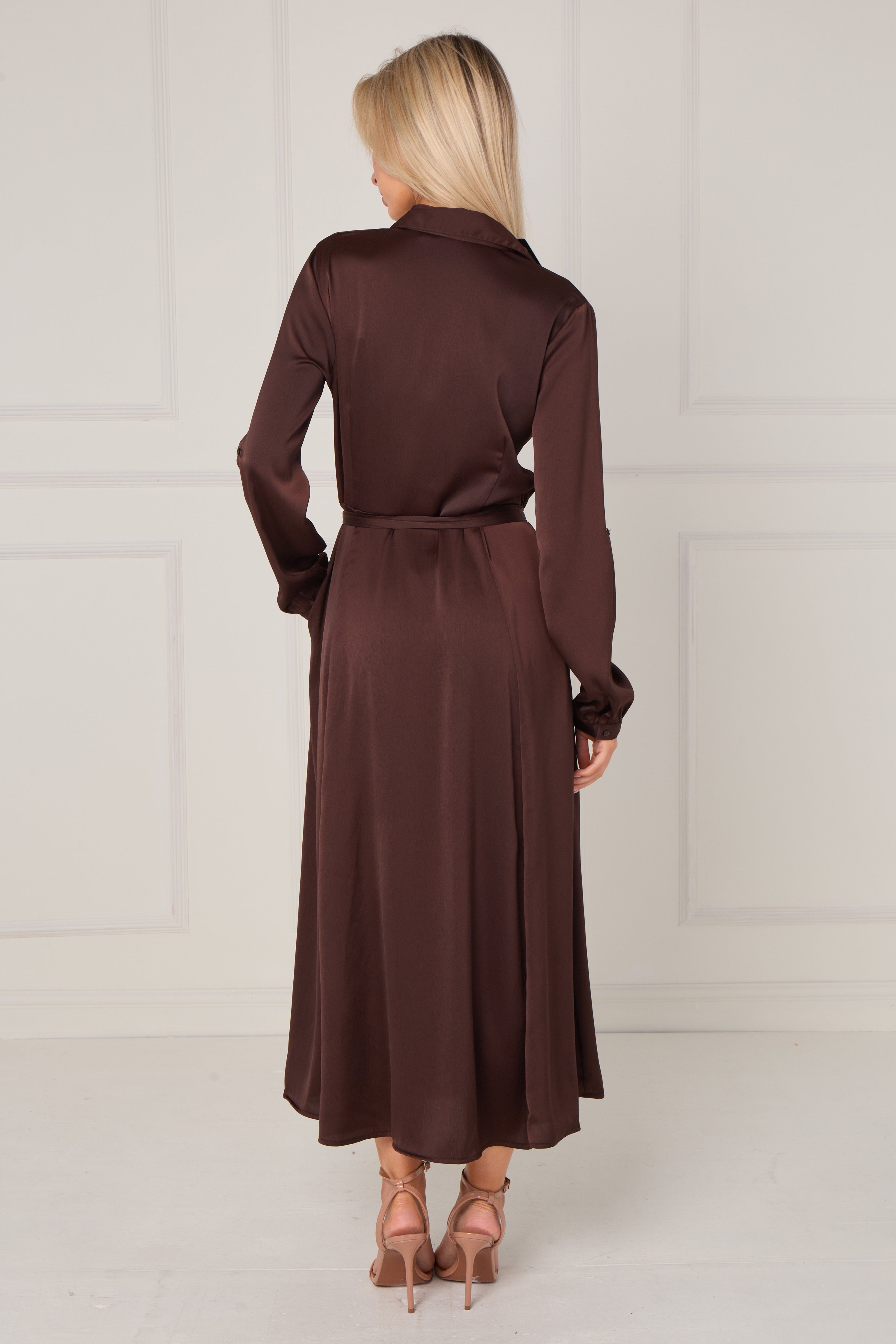 Espresso Layered Satin Long Sleeve Maxi Shirt Dress LS-2037-8078-44