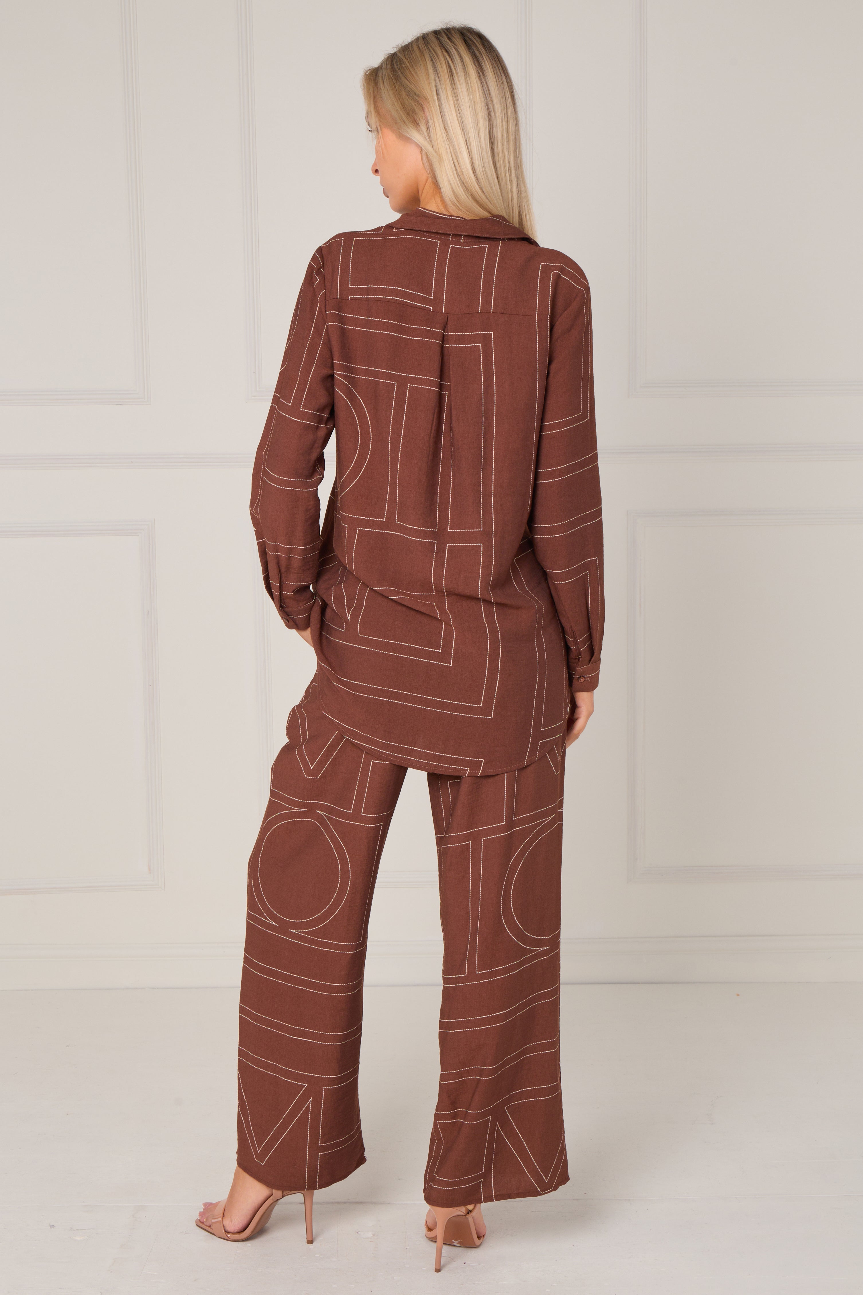 Chocolate Geometric Line Print Wide-Leg Co-ord LS-5002&9057-TZ22