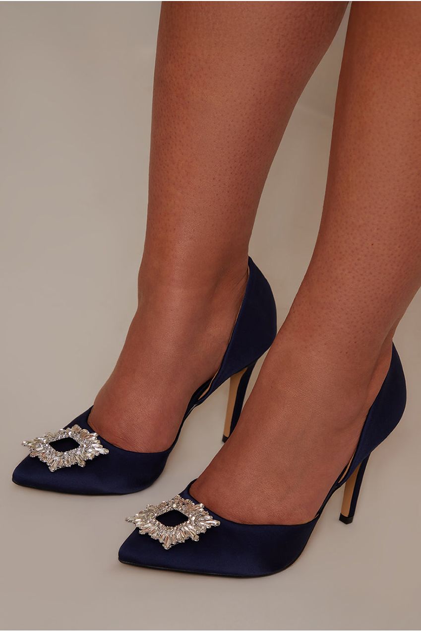 Diamante Buckle Court Heels In Navy DN164402NB