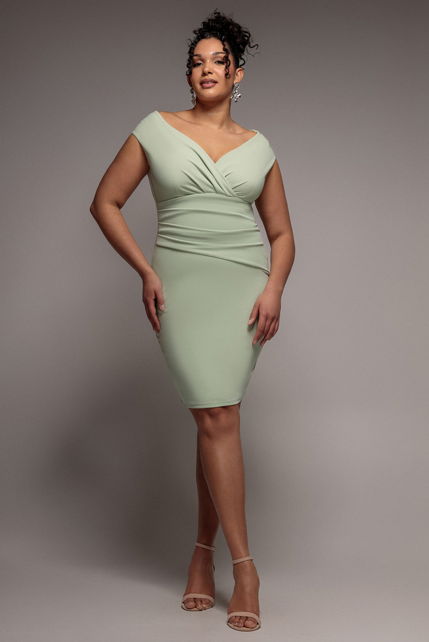 Goddiva Bardot Pleated Midi Dress- Sage Green | Plus Size Goddiva Bardot Pleated Midi Dress- Sage Green | Plus Size