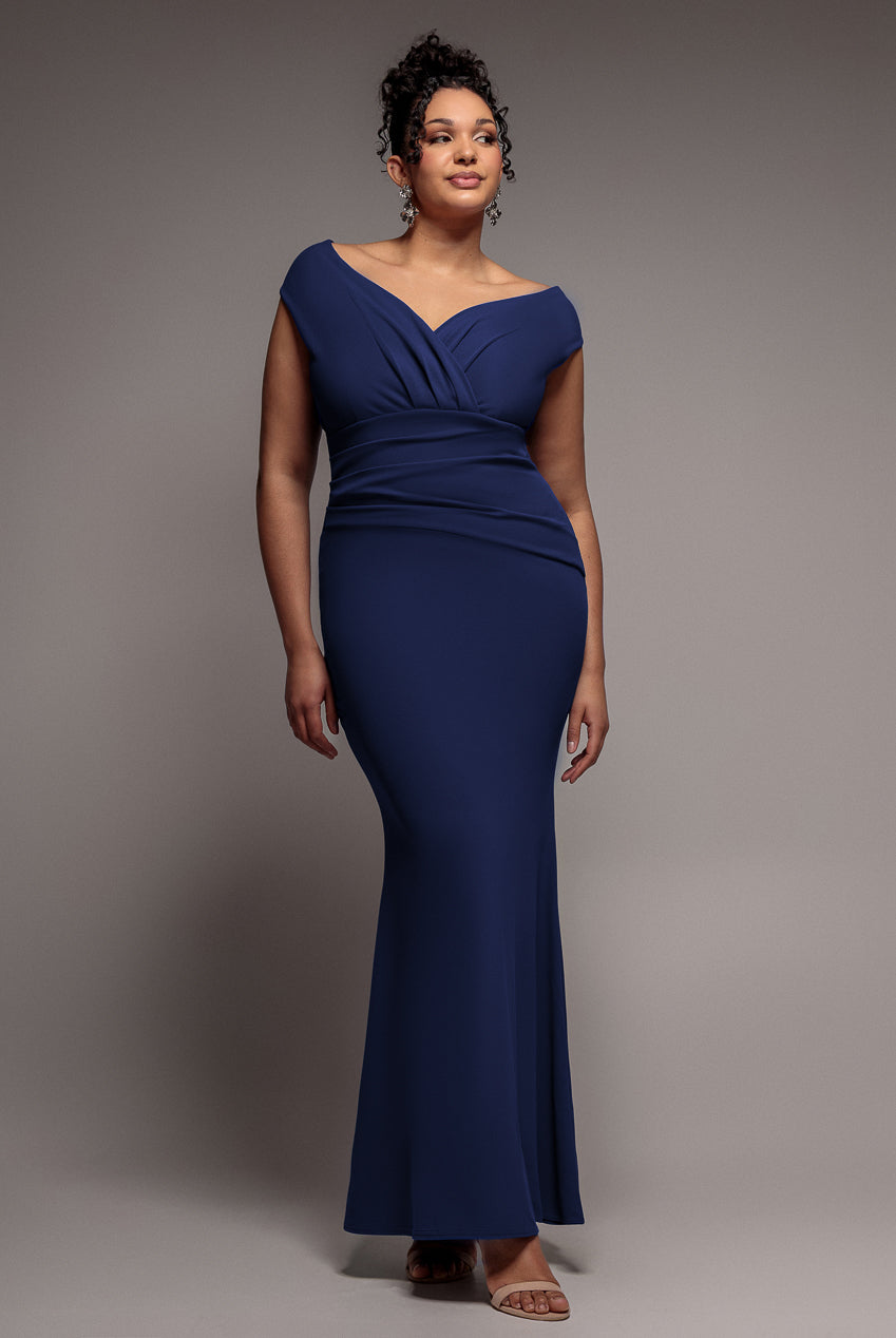 strapless open back dress Goddiva Bardot Pleated Maxi Dress - Navy Blue