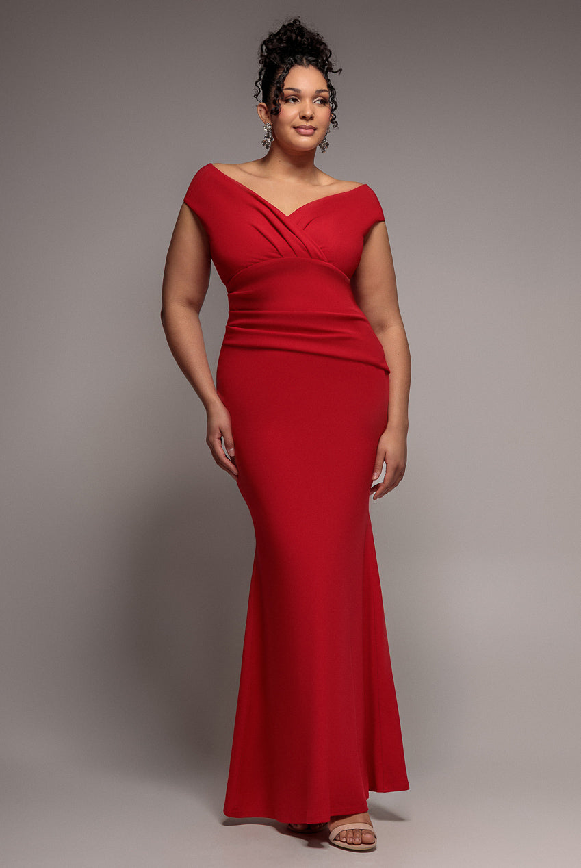 Goddiva Bardot Pleated Maxi Dress - Red