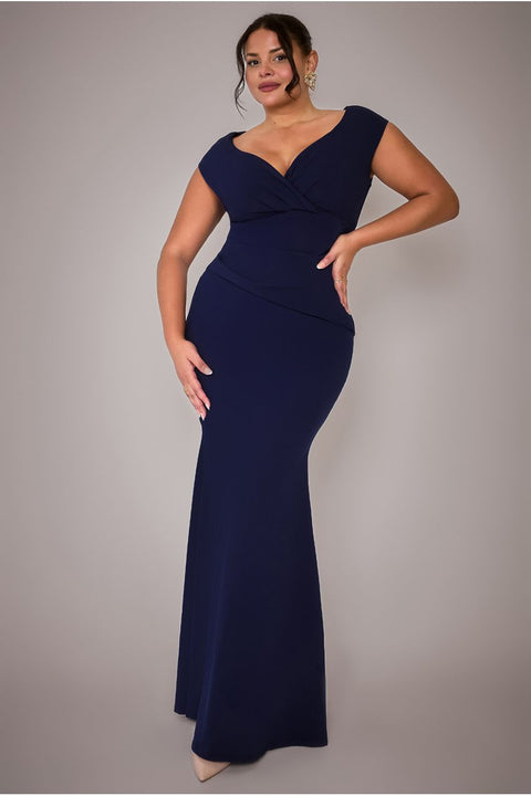 Bardot Pleated Maxi Dress - Navy Blue by Goddiva Plus