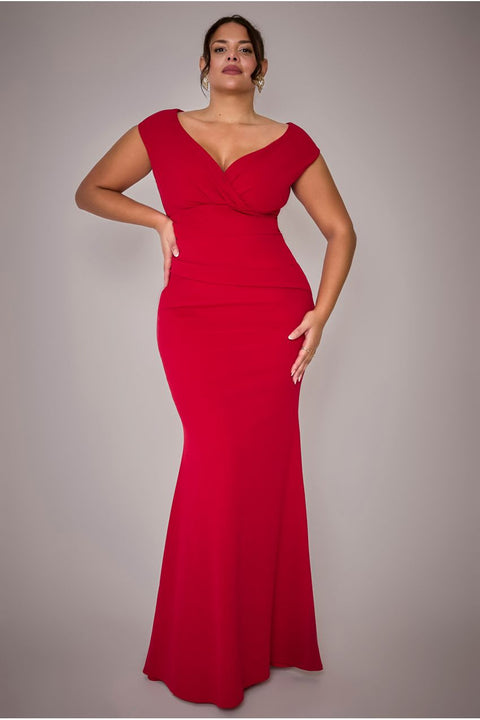 Bardot Pleated Maxi Dress - Red by Goddiva Plus