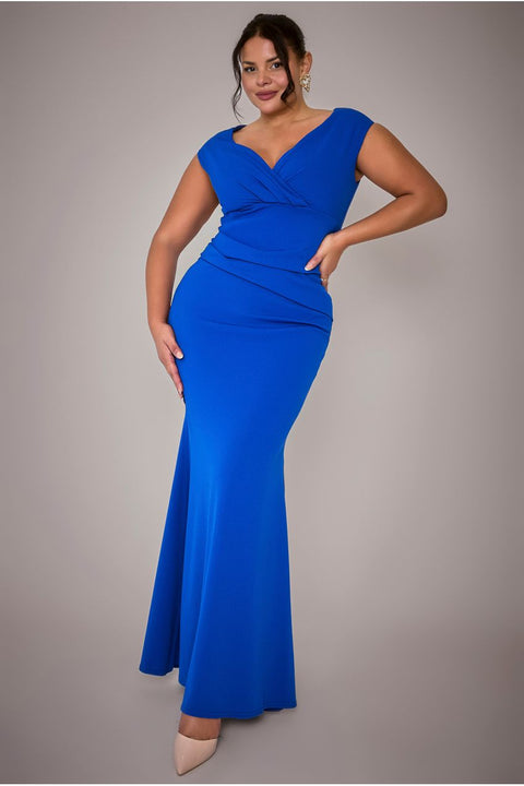 Bardot Pleated Maxi Dress - Royalblue by Goddiva Plus