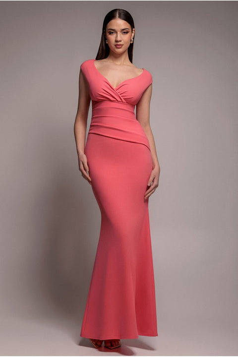 Bardot Pleated Maxi Dress - Coral by Goddiva