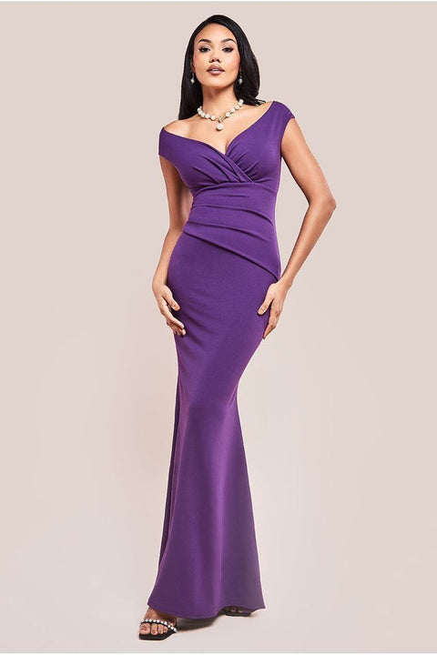 Bardot Pleated Maxi Dress - Purple by Goddiva