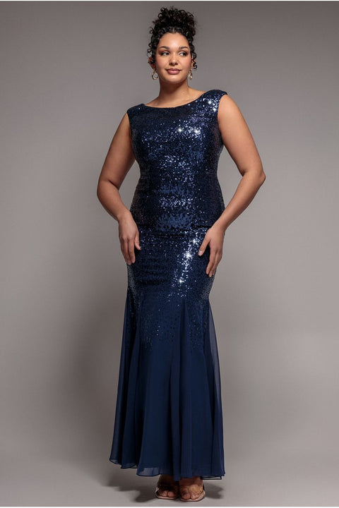 Chiffon & Sequin Embroidered Bardot Maxi Dress - Navy Blue by Goddiva Plus