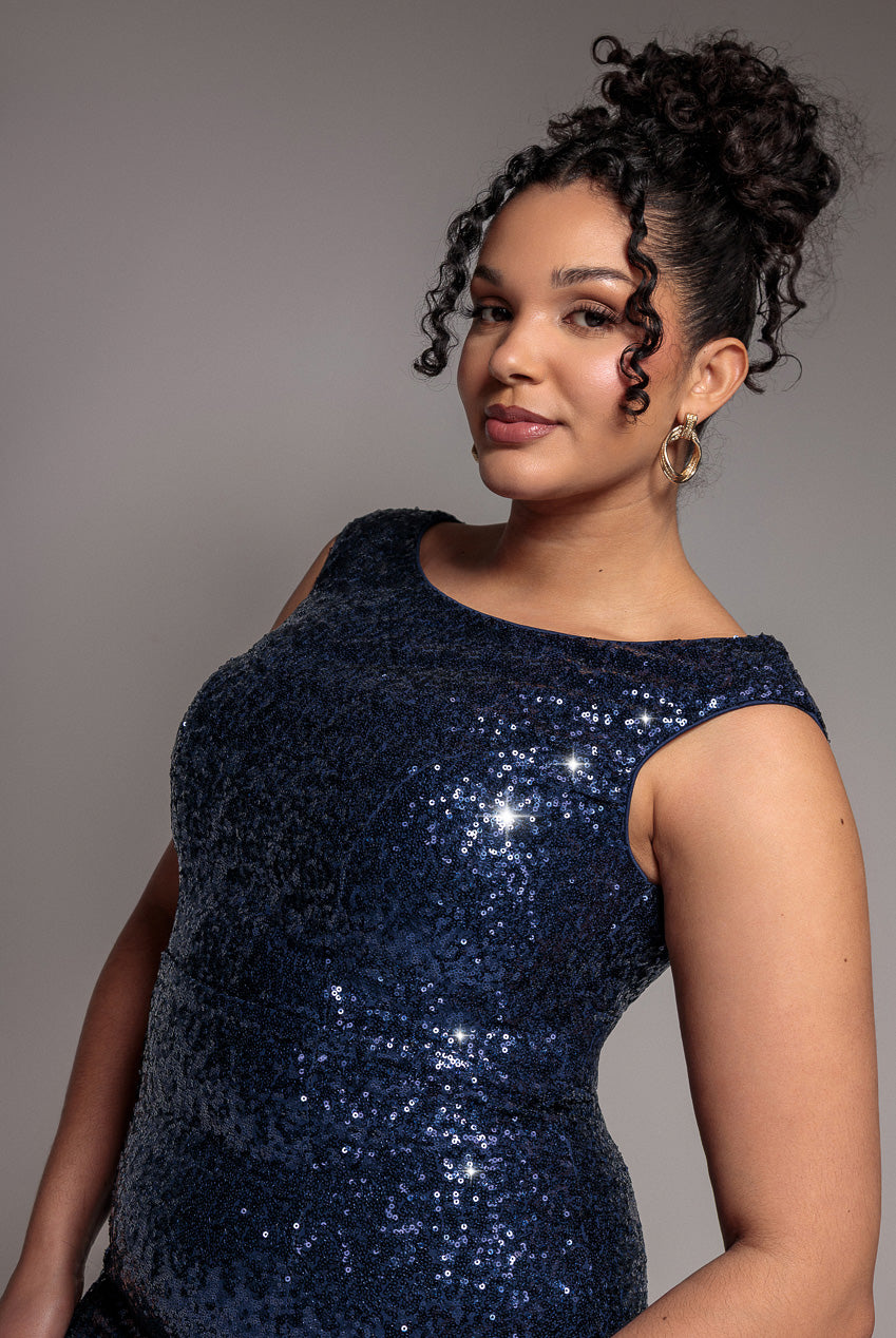 Chiffon & Sequin Embroidered Bardot Maxi Dress - Navy Blue DR1168SP