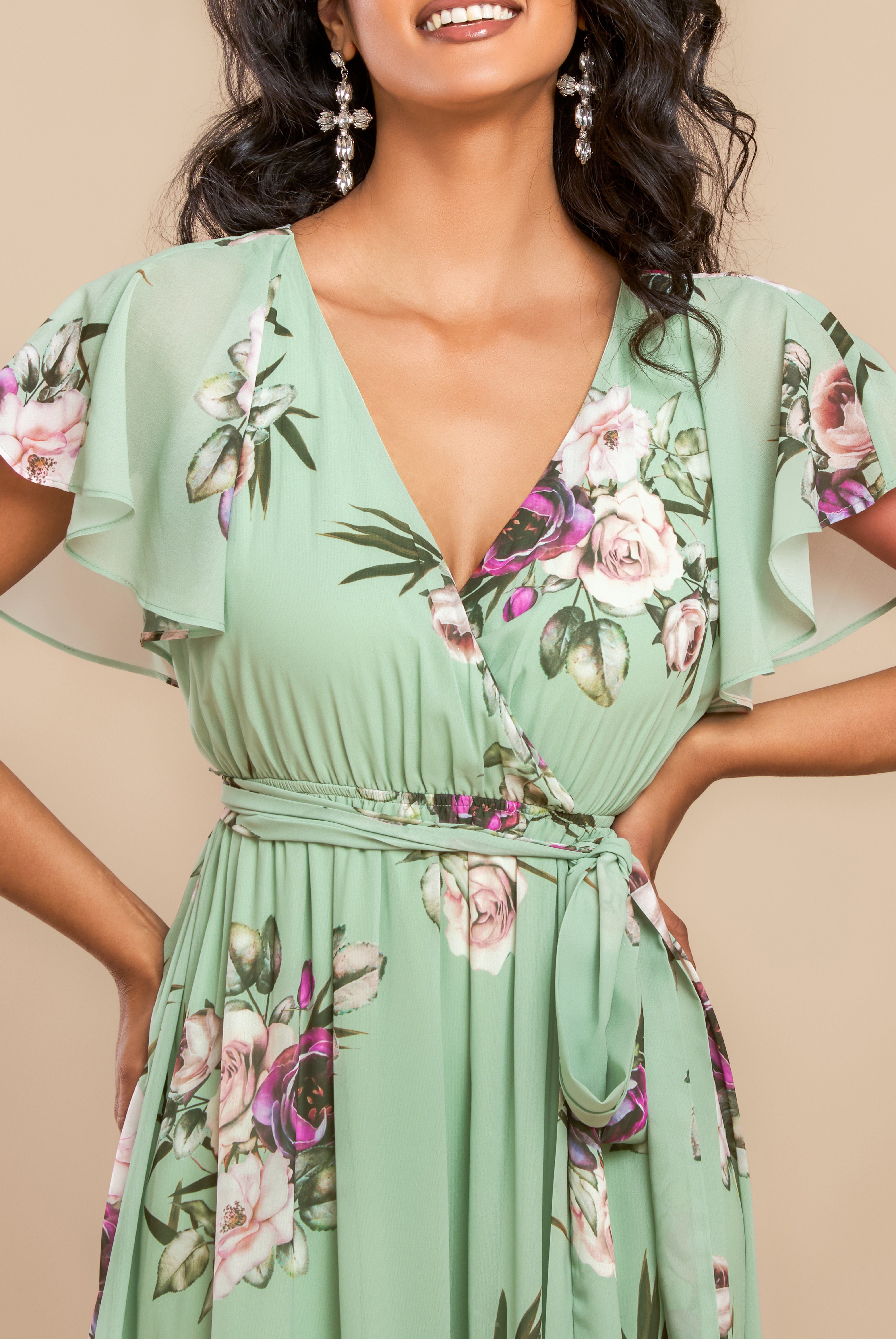 Sustainable Printed Flutter Sleeve Maxi Dress - Duck Egg DR1582BBS