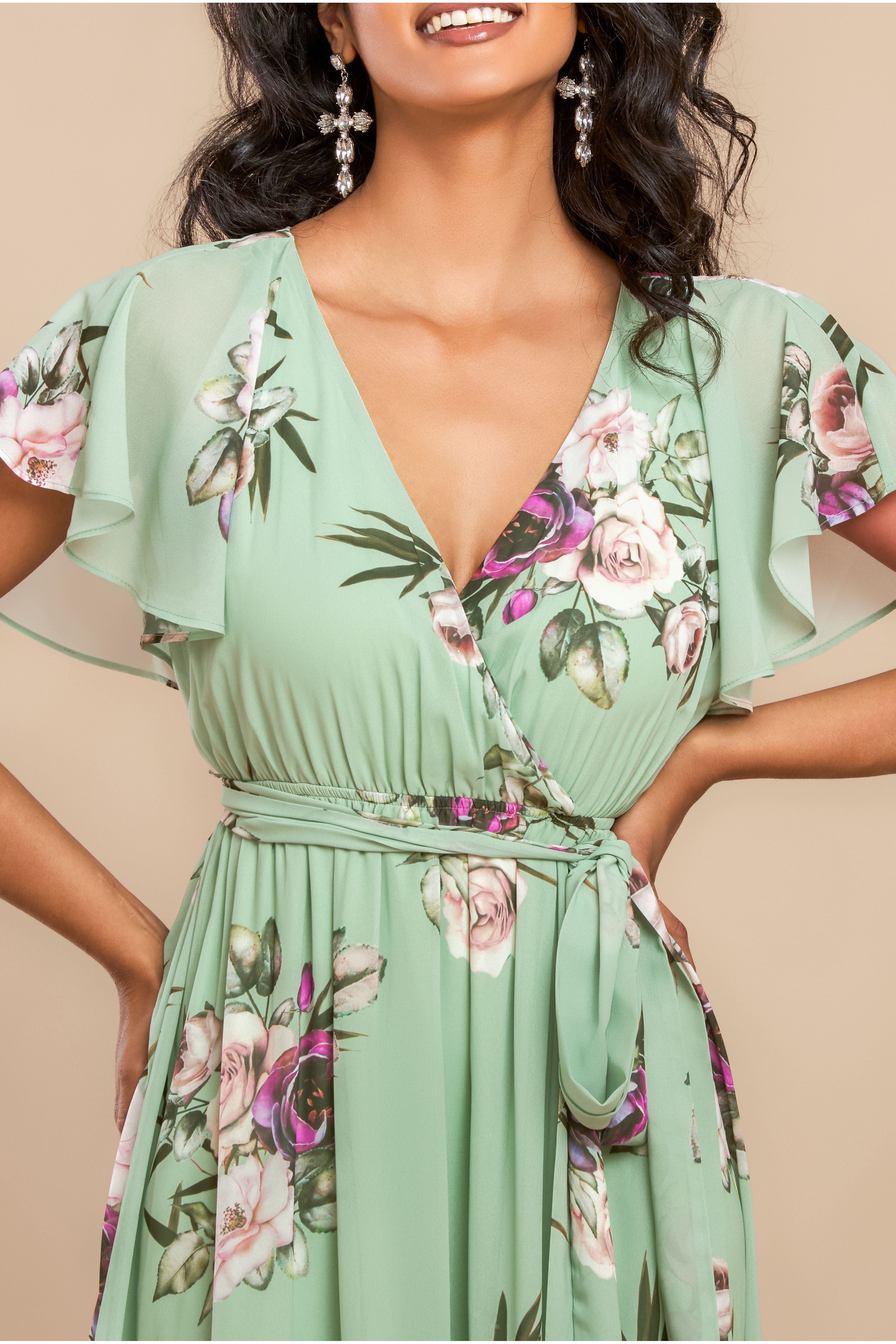 Sustainable Printed Flutter Sleeve Maxi Dress - Duck Egg DR1582BBS
