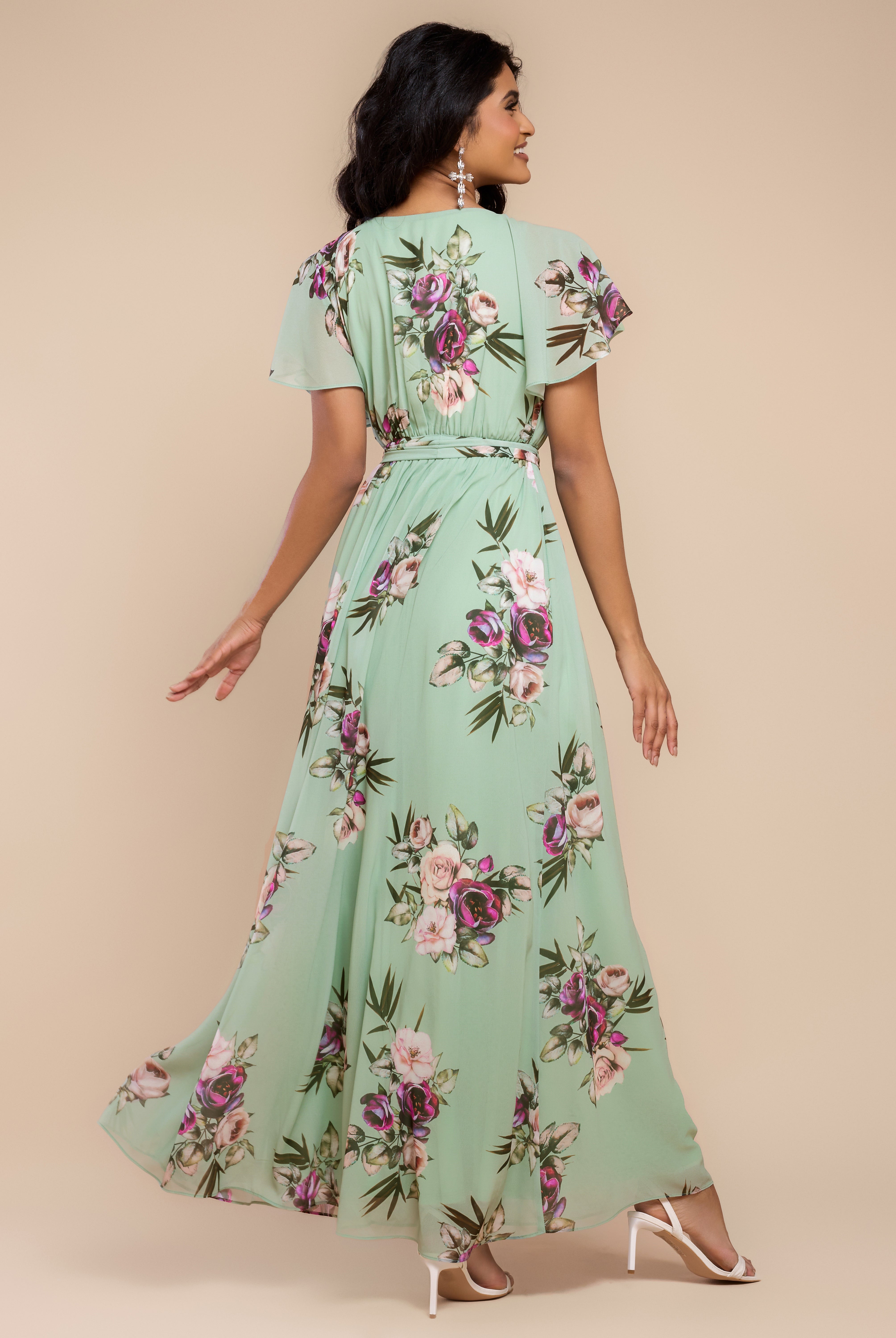 Sustainable Printed Flutter Sleeve Maxi Dress - Duck Egg DR1582BBS