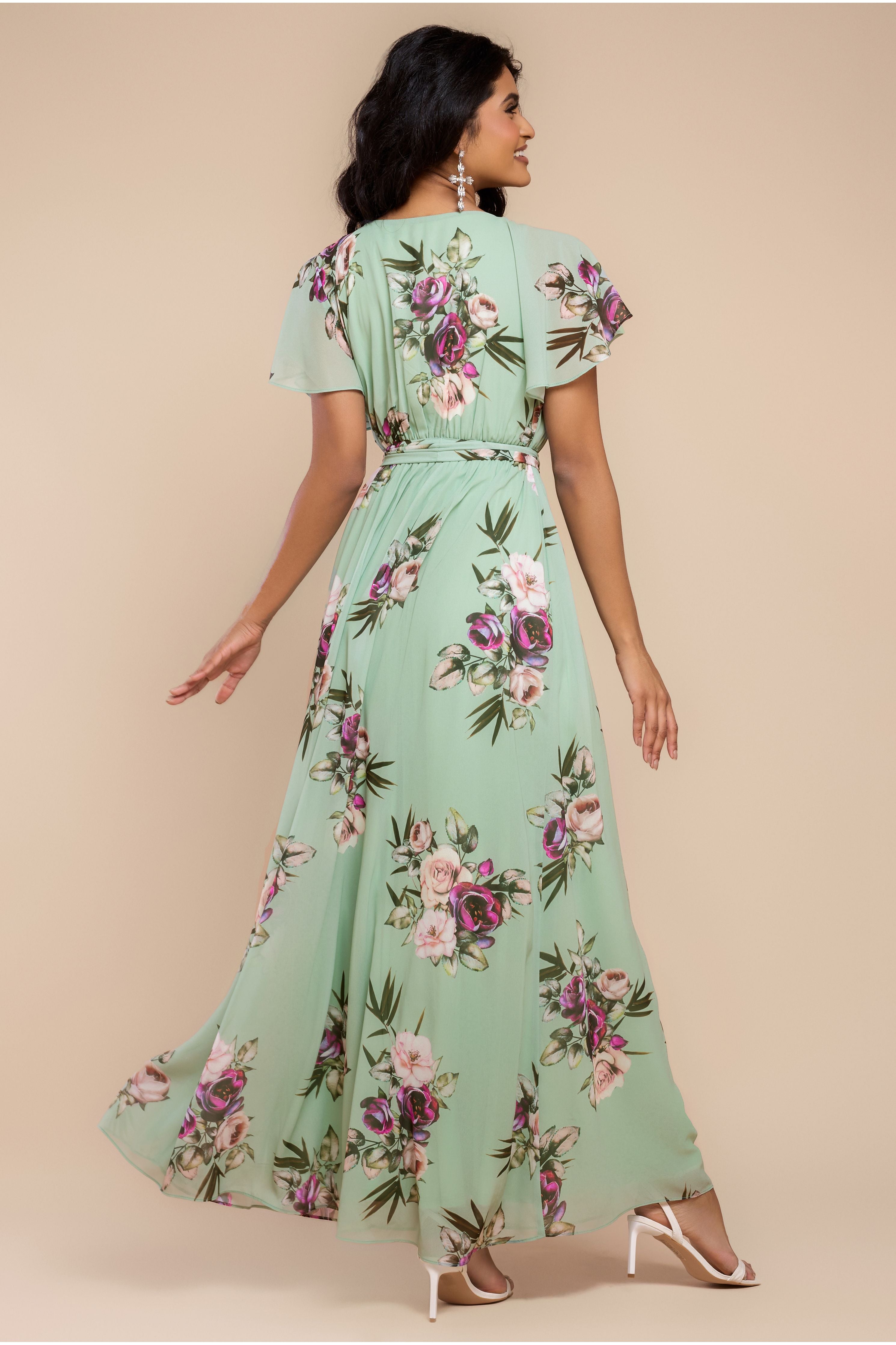 Sustainable Printed Flutter Sleeve Maxi Dress - Duck Egg DR1582BBS