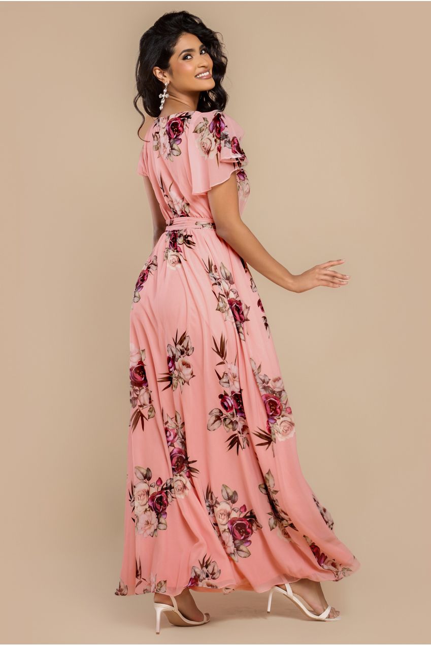 Sustainable Printed Flutter Sleeve Maxi Dress - Peach DR1582BBS