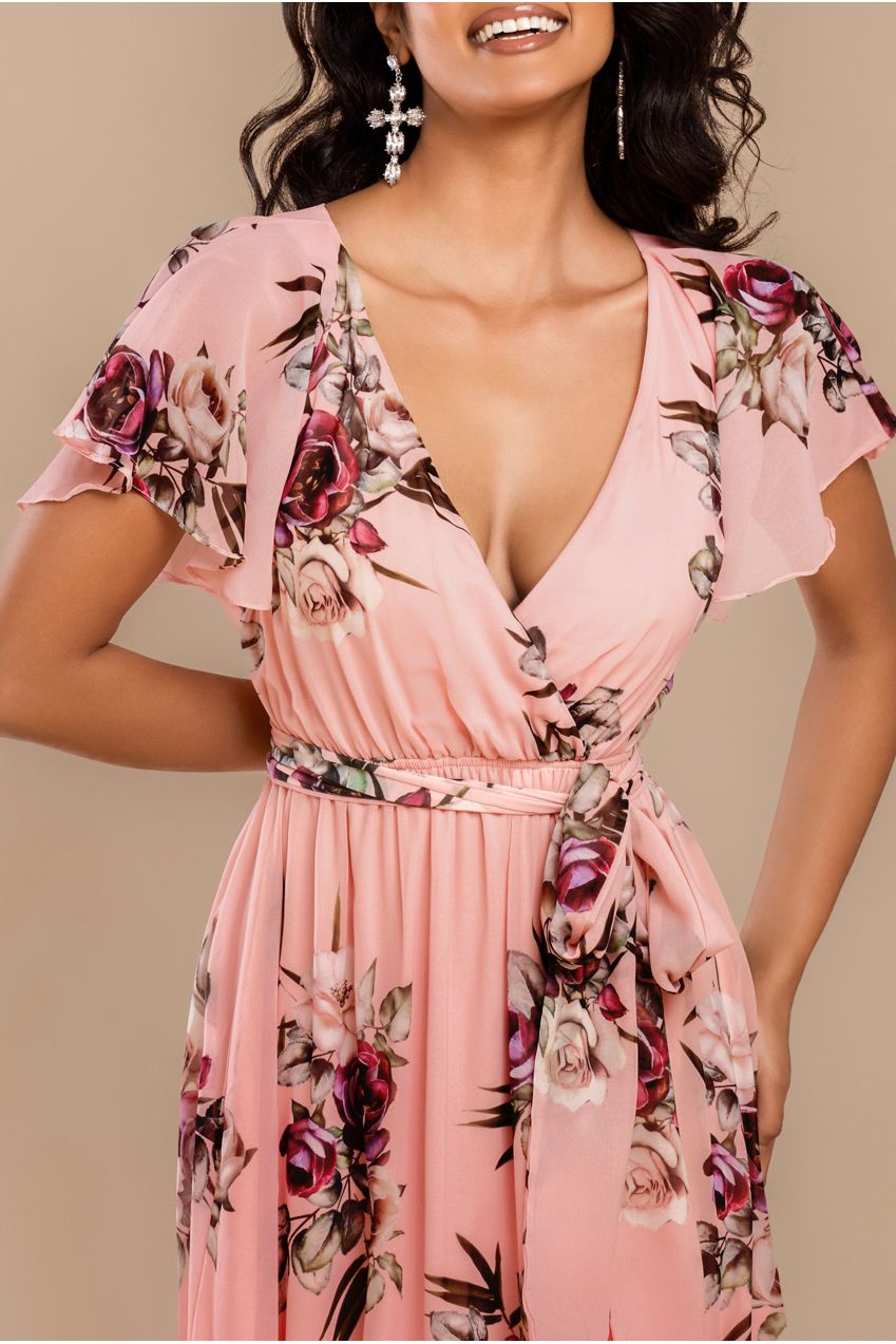 Sustainable Printed Flutter Sleeve Maxi Dress - Peach DR1582BBS